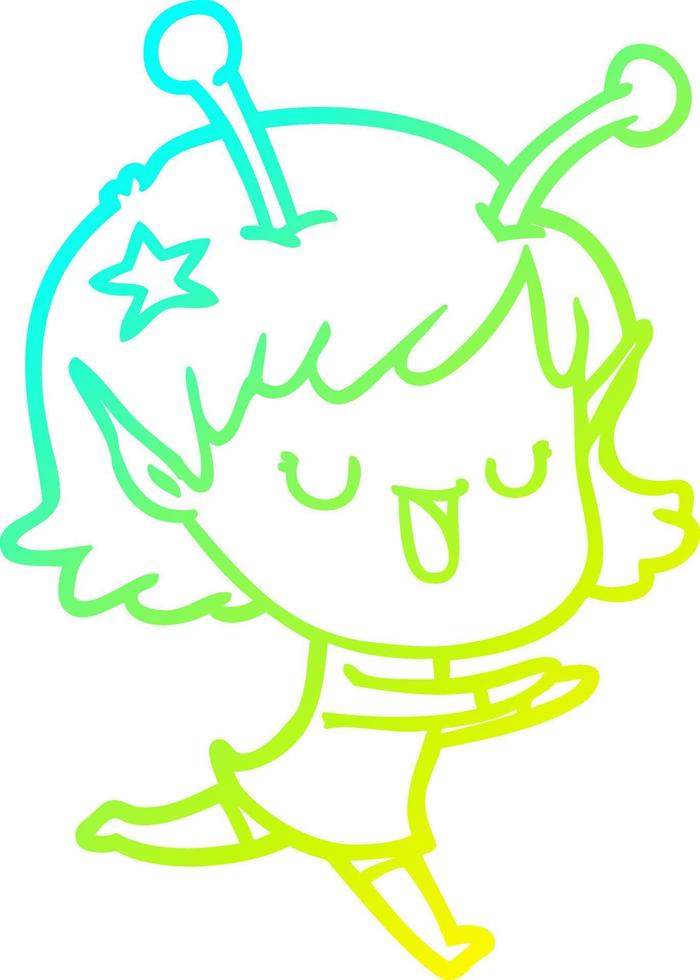 desenho de linha de gradiente frio desenho de garota alienígena feliz vetor