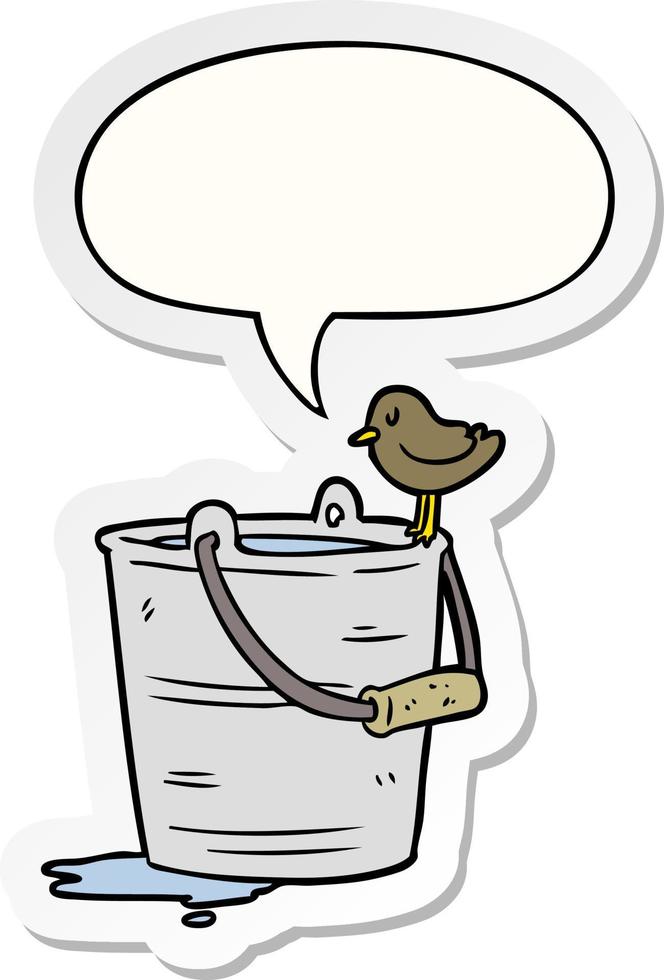 pássaro de desenho animado olhando para o balde de água e adesivo de bolha de fala vetor