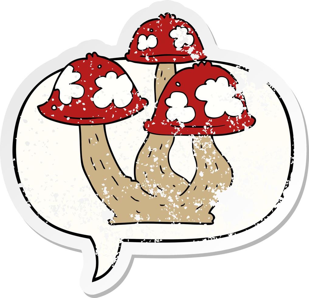 cogumelos de desenho animado e adesivo angustiado de bolha de fala vetor
