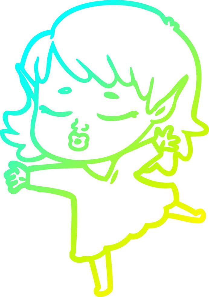 linha de gradiente frio desenhando linda garota elfa de desenho animado dançando vetor