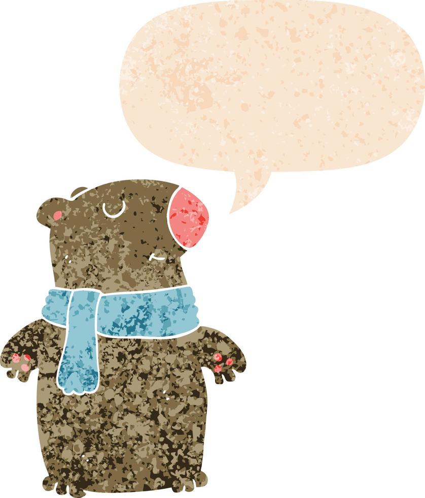 urso de desenho animado e bolha de fala em estilo retrô texturizado vetor