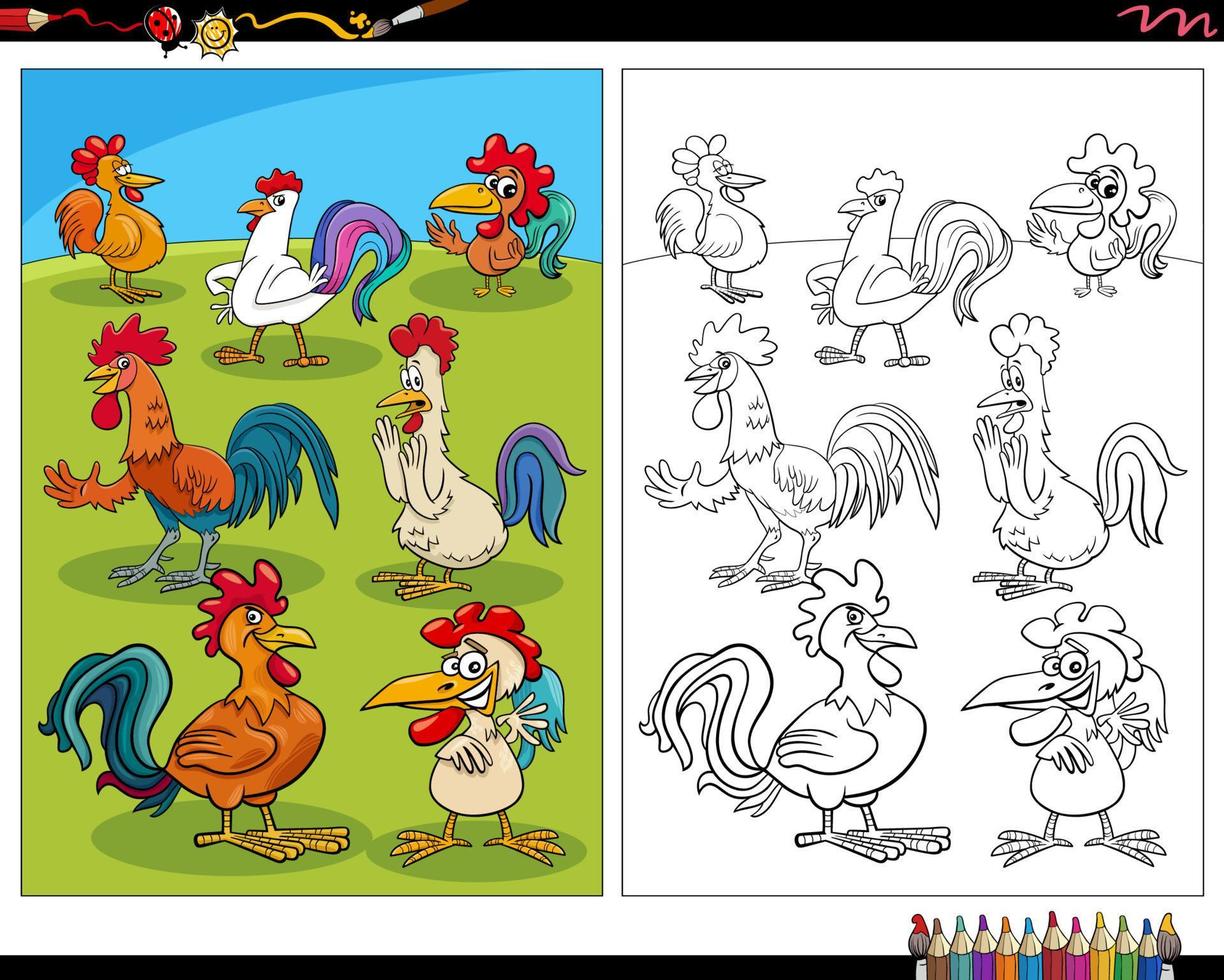 desenho de galos de desenho animado pássaros personagens de animais de fazenda para colorir vetor