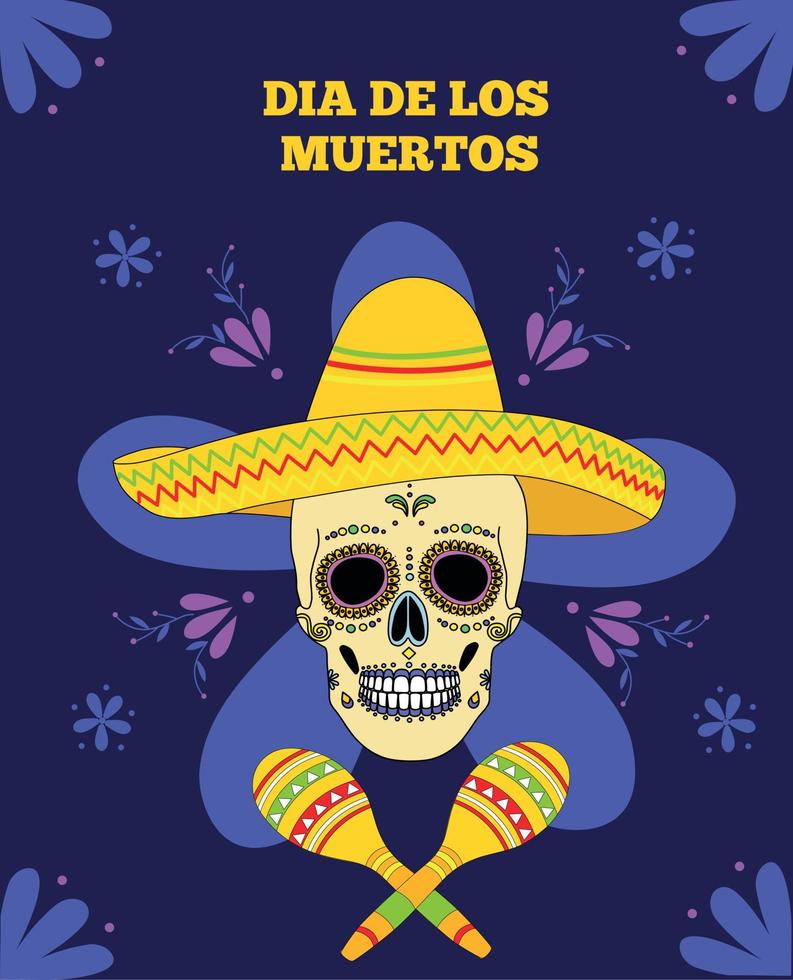 dia dos mortos, dia de los moertos, banner com flores mexicanas coloridas. crânio de esqueleto de vetor no sombrero. crânio festivo de açúcar sorridente. festa, cartaz de férias. maracás. México