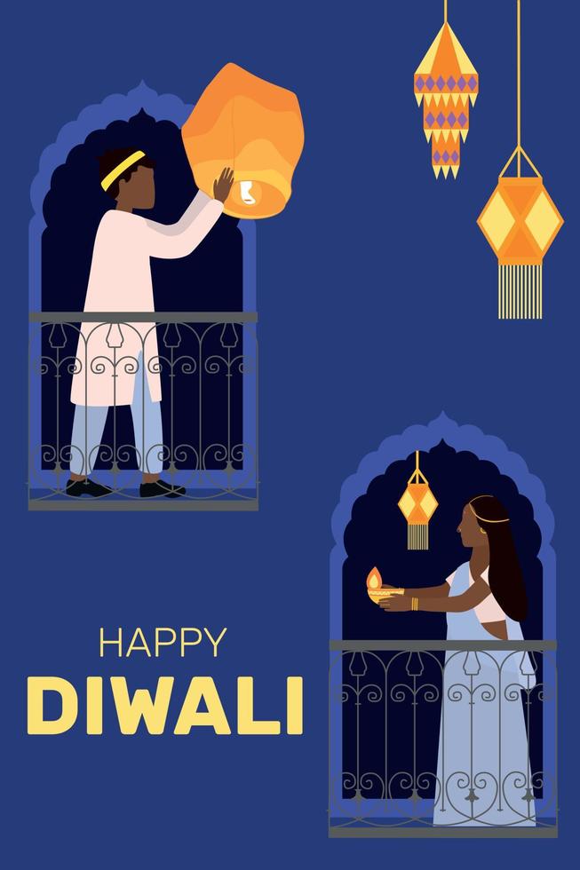 feliz diwali celebração cidade fundo céu lanternas. lâmpadas de óleo iluminadas nas mãos. homem e mulher na varanda em trajes tradicionais. sari. vetor