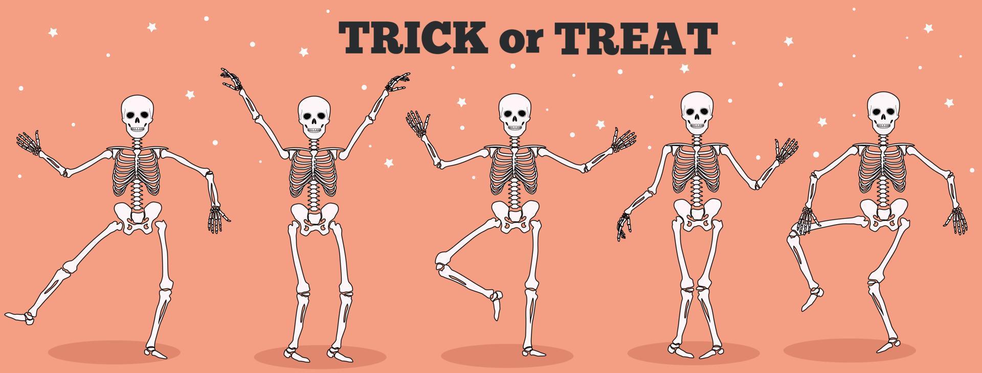 esqueletos engraçados dançando. dia dos mortos, ilustração em vetor conceito de halloween. doçura ou travessura.