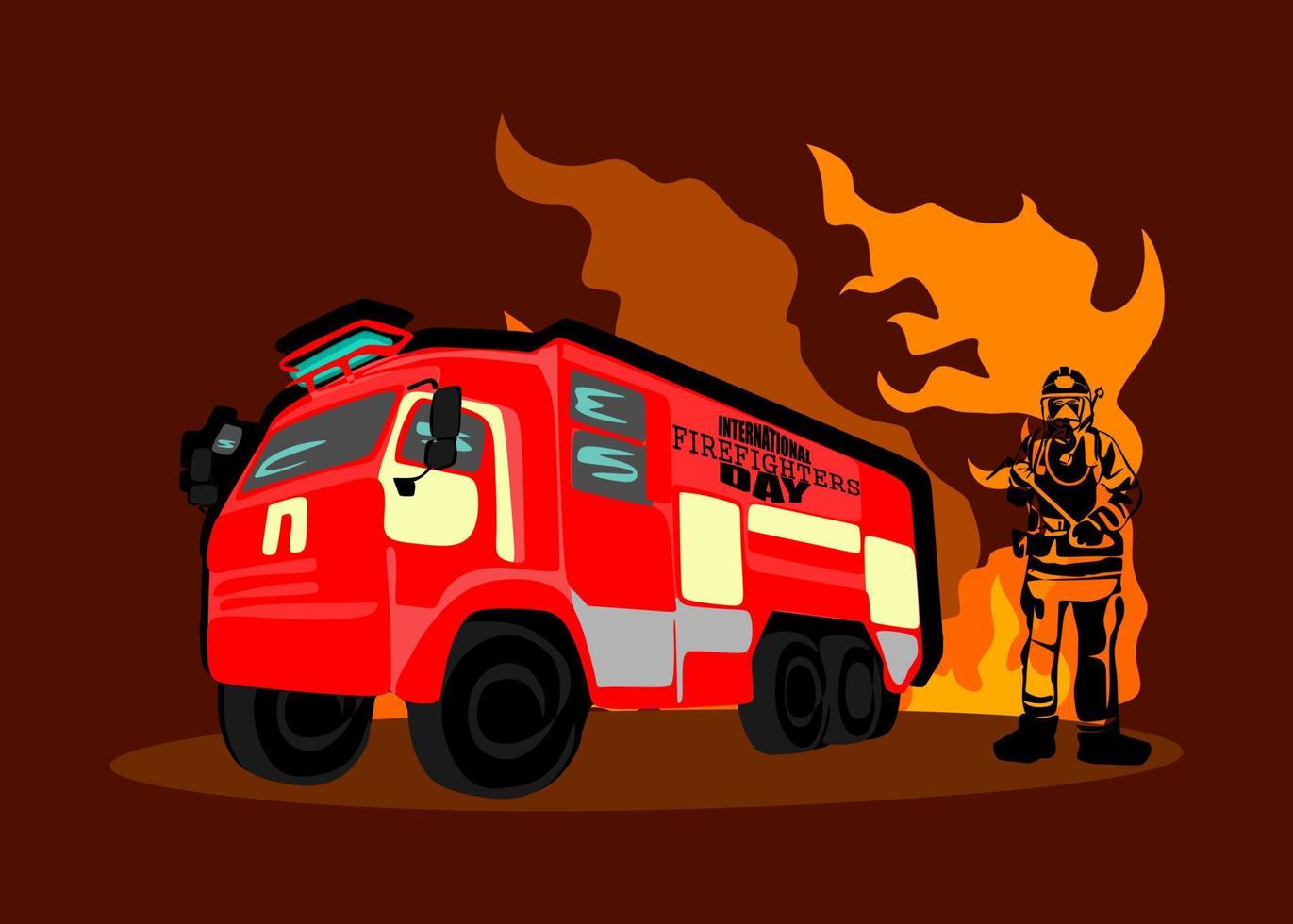 projeto de conceito do dia internacional dos bombeiros. ilustração vetorial de silhueta de bombeiro, como um banner, pôster ou modelo para o dia internacional dos bombeiros com letras, fogo e chamas. vetor