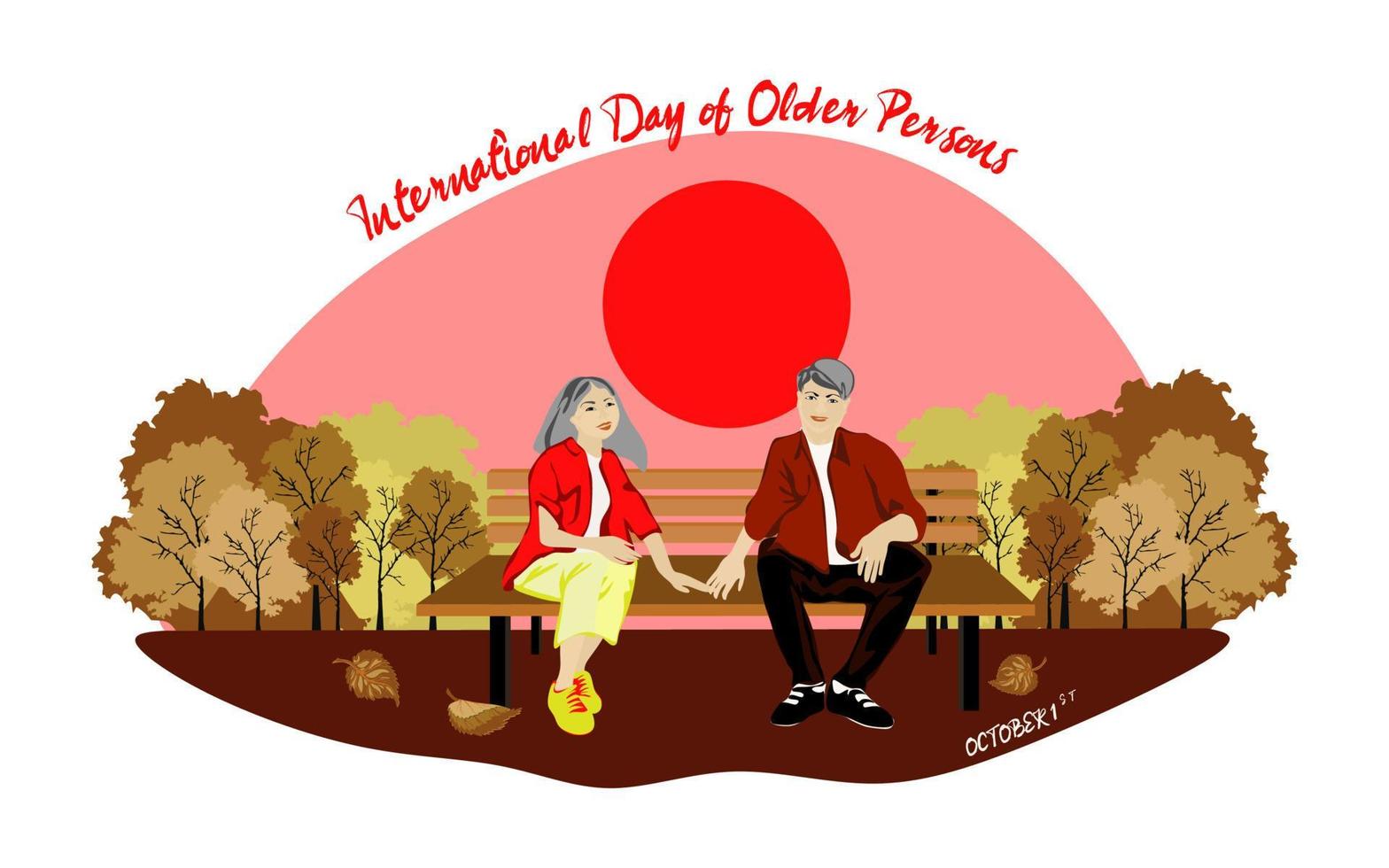 dia internacional da ilustração vetorial de idosos. homem e mulher idosa asiática. homem e mulher idosa feliz e sorridente estão sentados em um banco e de mãos dadas vetor