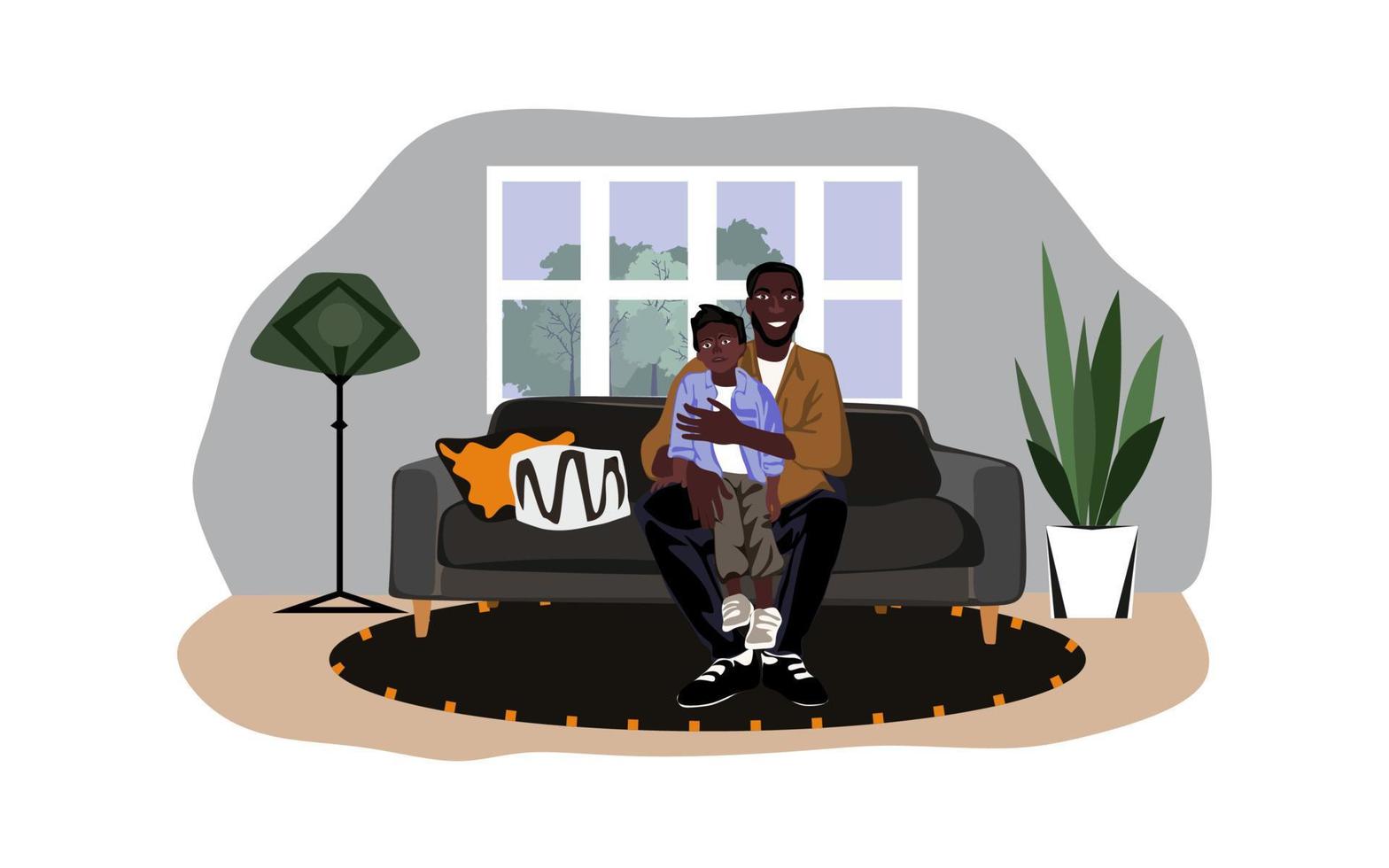 pai afro-americano com filho e filha sentada no sofá na sala com interior moderno. feliz sorridente família afro-americana. ilustração vetorial plana vetor