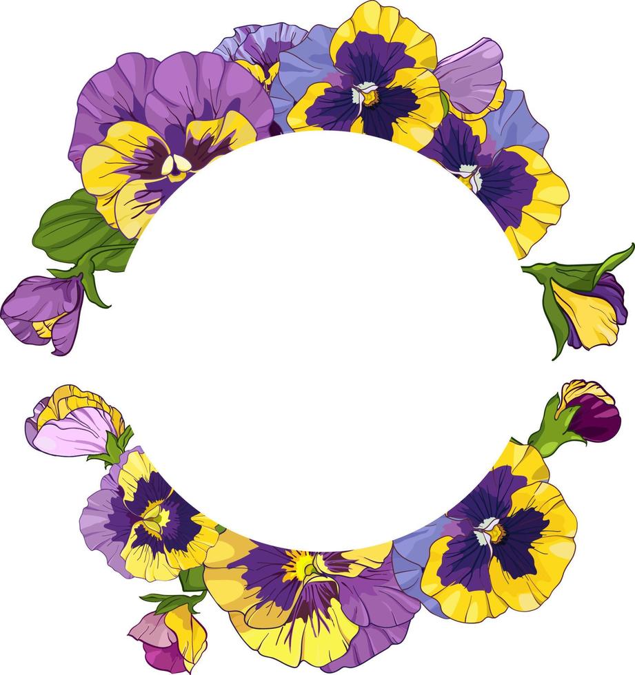 moldura redonda com flores de amor-perfeito, viola de coroa, flores amarelas e roxas ornamento de folhas verdes, ilustração vetorial vetor