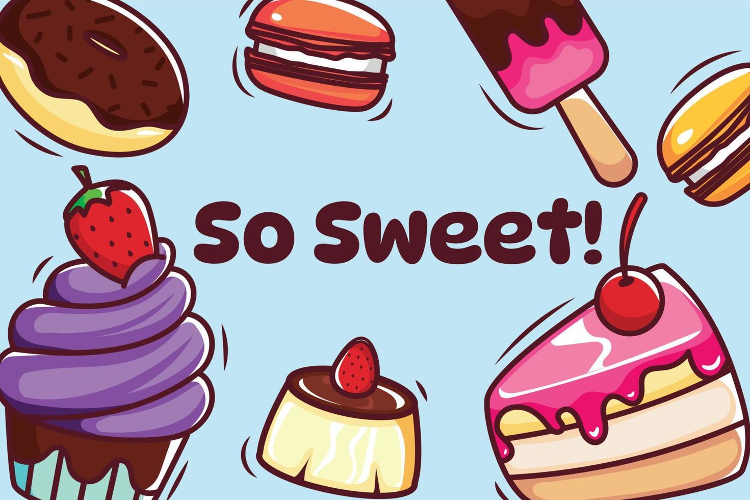 ilustração de comida doce com pudim e bolo de cupcake de macaron de sorvete de donut vetor