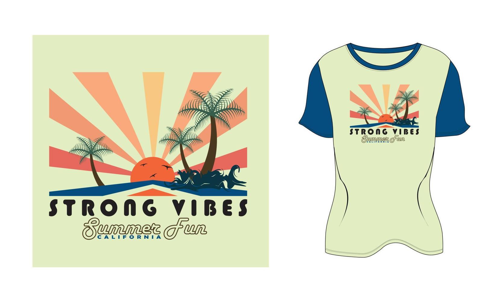 vibrações fortes diversão de verão califórnia palmeira sol vetor pássaro novo design de camiseta vintage