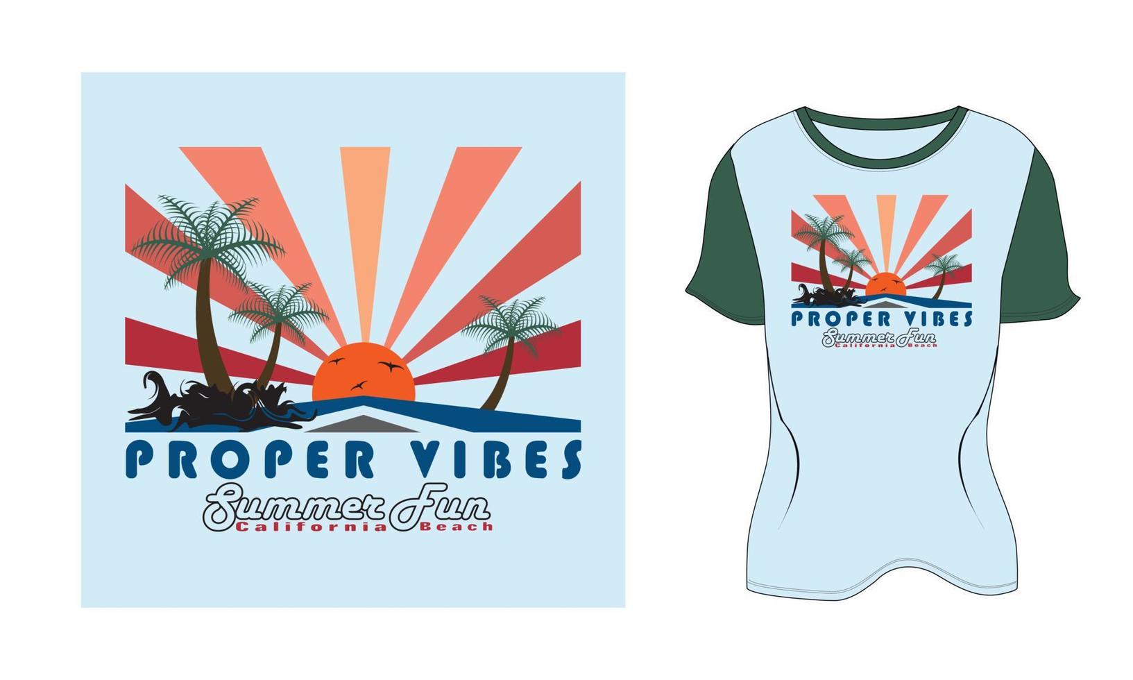 vibrações adequadas diversão de verão califórnia praia palmeira sol vetor pássaro novo design de camiseta vintage