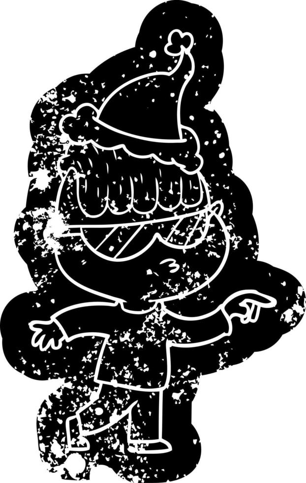 ícone angustiado dos desenhos animados de um menino usando óculos escuros apontando usando chapéu de papai noel vetor