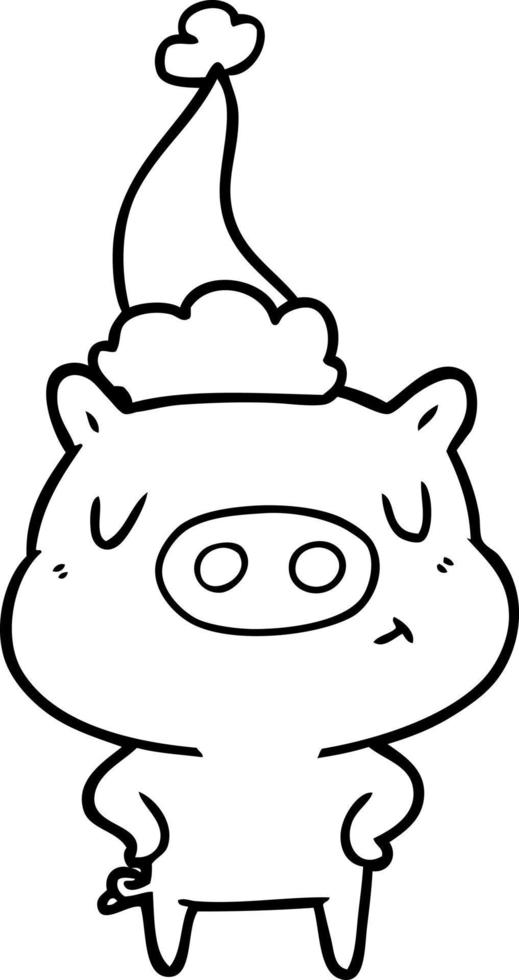 desenho de linha de um porco de conteúdo usando chapéu de papai noel vetor