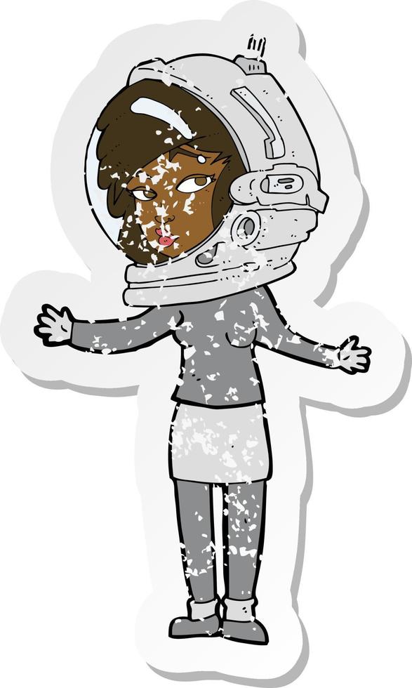 adesivo retrô angustiado de uma mulher de desenho animado usando capacete de astronauta vetor