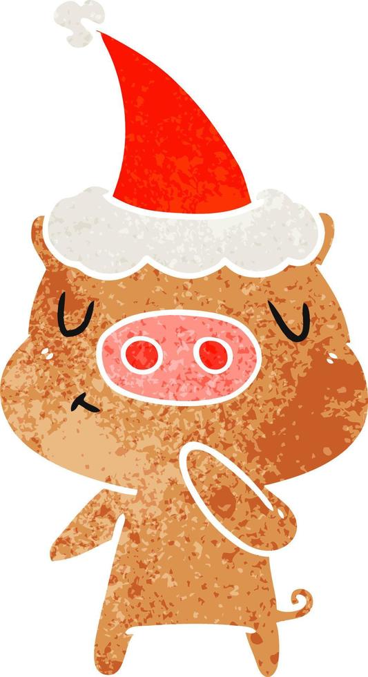 desenho retrô de um porco de conteúdo usando chapéu de papai noel vetor