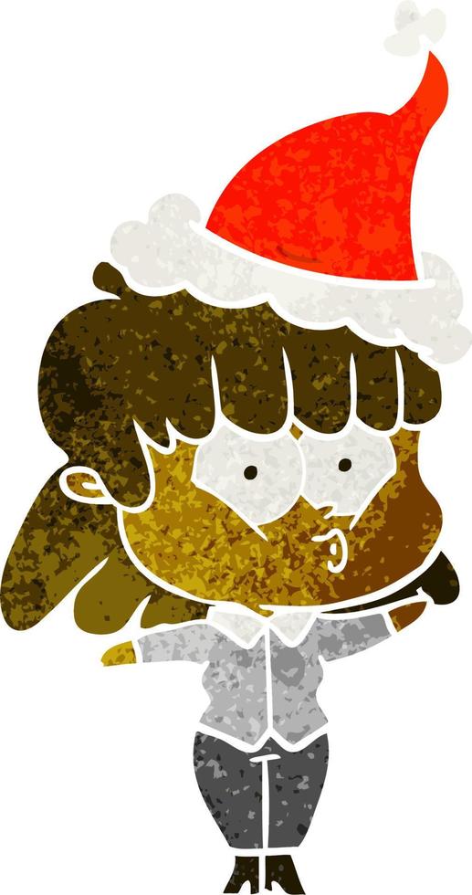 desenho retrô de uma garota assobiando usando chapéu de papai noel vetor