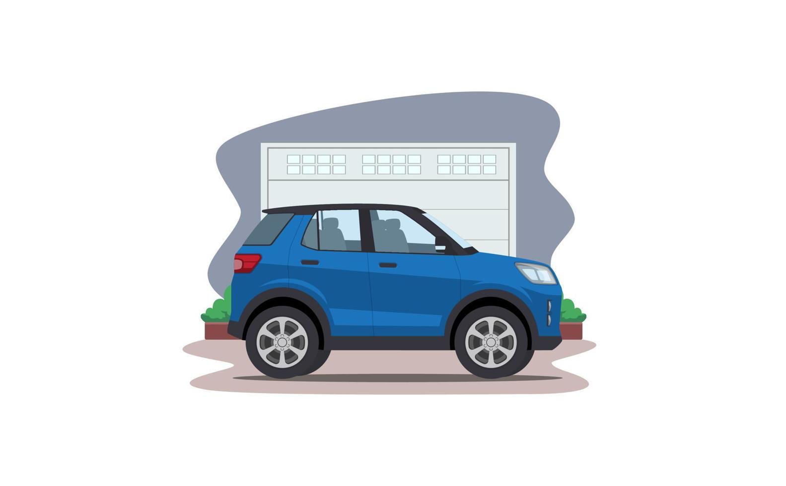 carro suv dos desenhos animados na frente da ilustração vetorial de garagem vetor