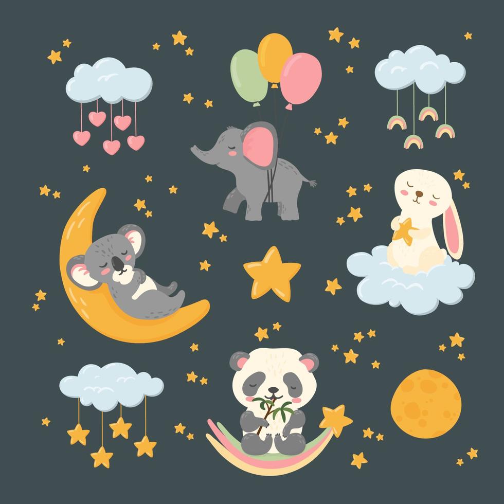 animais adormecidos bonitos boa noite grande conjunto de adesivos. corpos celestes, nuvens, estrelas, lua, panda, elefante, coelho e coala. pôster de berçário, cartão postal, impressão infantil, chá de bebê. ilustração vetorial. vetor