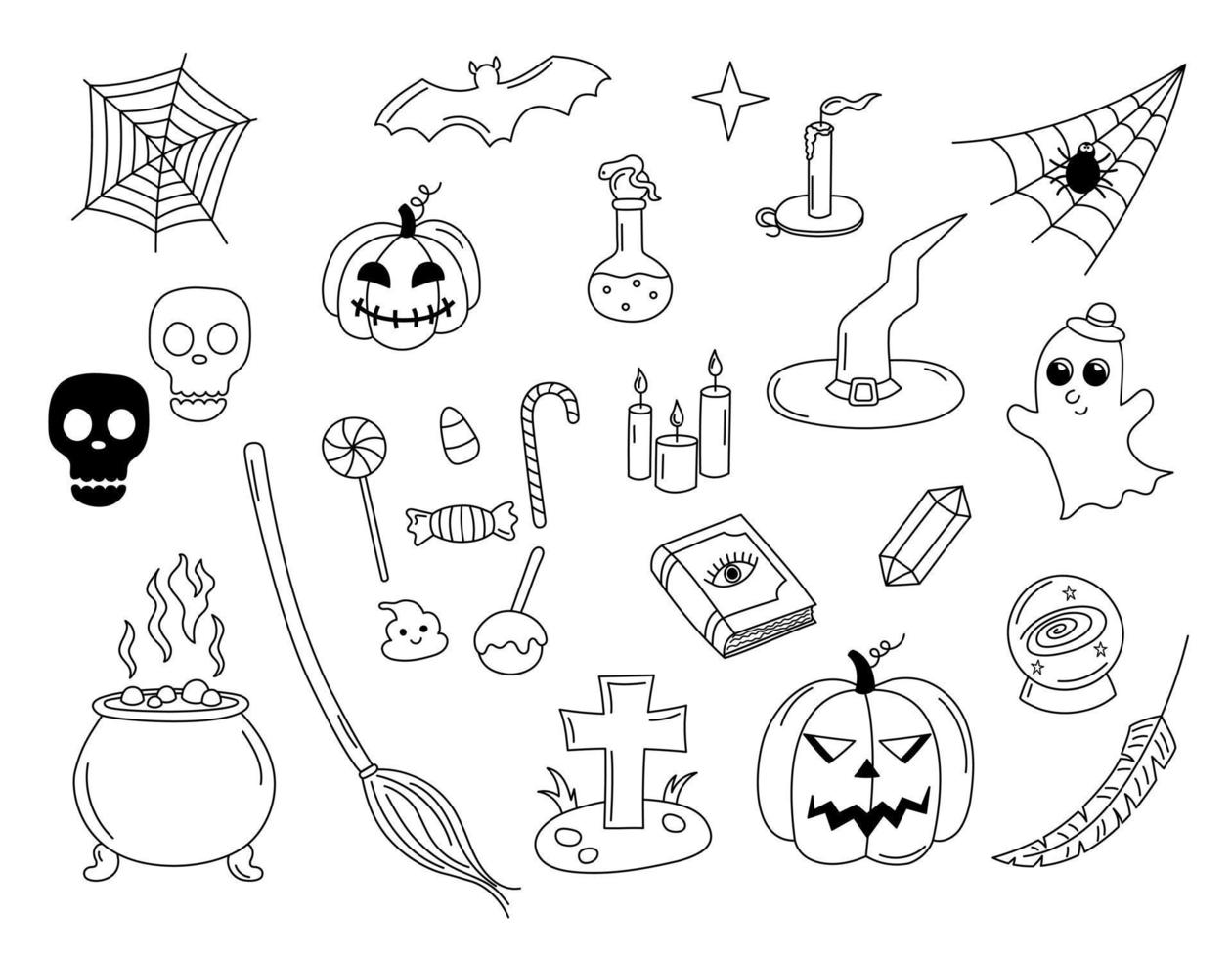 conjunto de rabiscos de vetor de halloween. elementos assustadores preto e brancos desenhados à mão isolados. objetos de contorno de rabisco de halloween lanterna de abóbora, caldeirão de bruxa e chapéu, fantasma fofo, túmulo, velas. ilustração