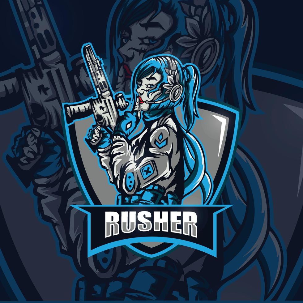 rusher mulher soldado logotipo de jogo vetor