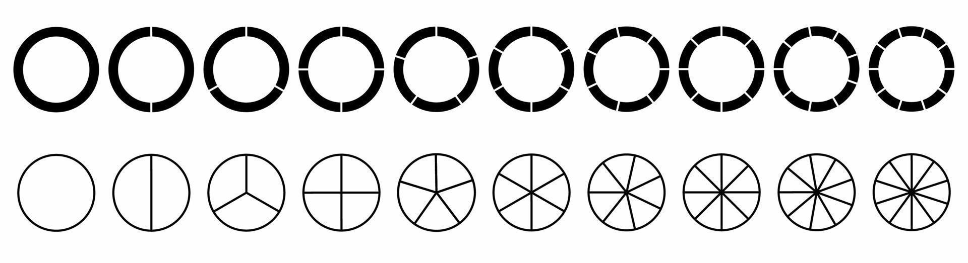 conjunto de ícones de círculos divididos isolado no fundo branco. ícone de círculos segmentados vetor