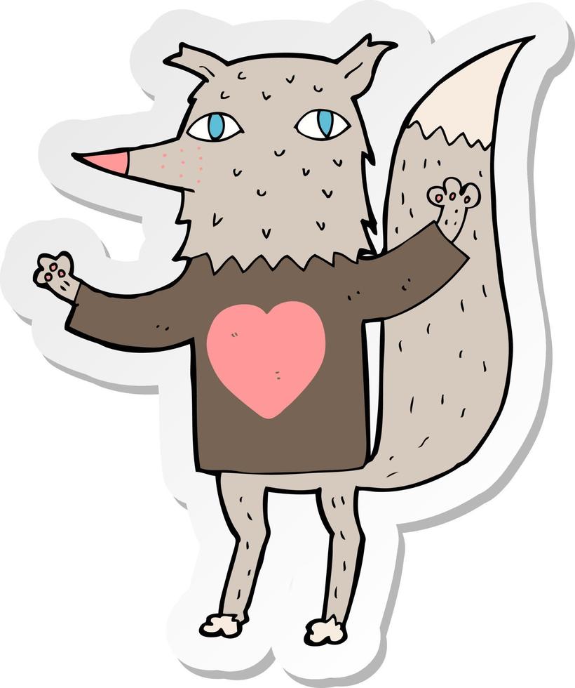 adesivo de um lobo de desenho animado com camiseta de coração de amor vetor