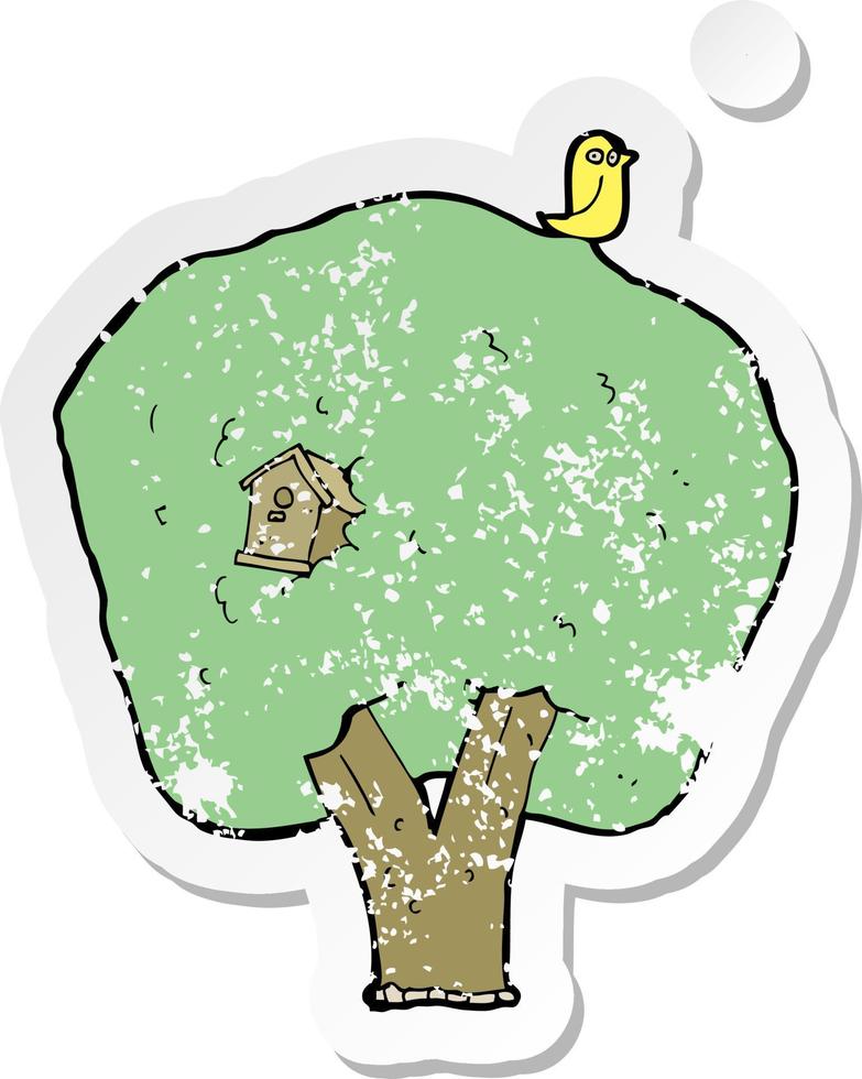 adesivo retrô angustiado de uma árvore de desenho animado com casa de pássaros vetor