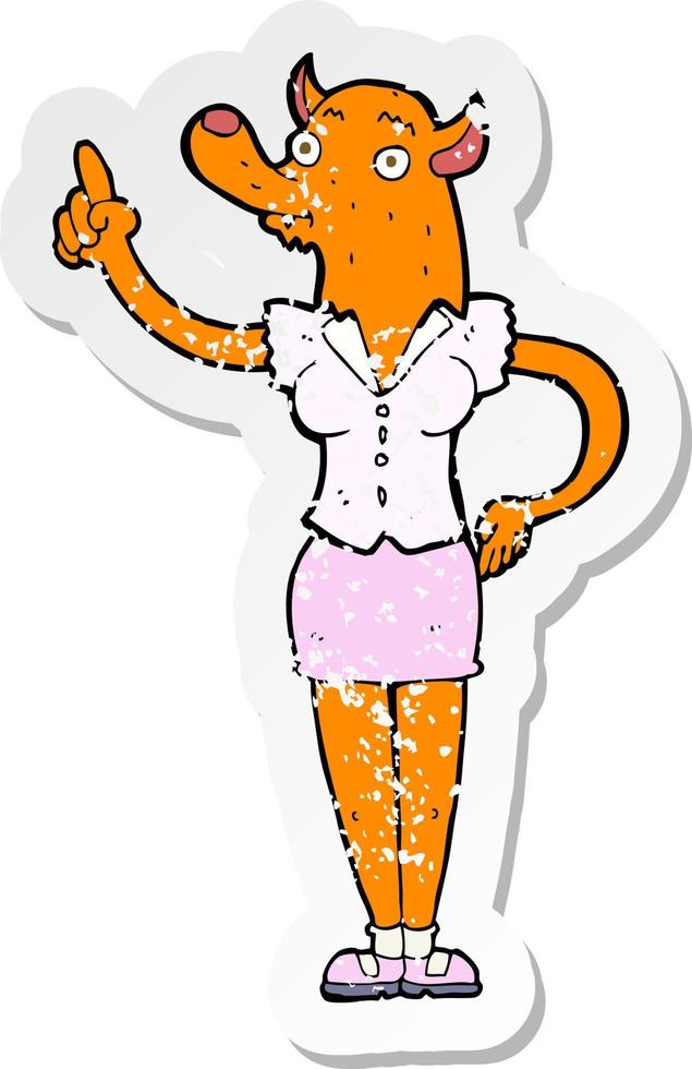 adesivo retrô angustiado de uma mulher de raposa de desenho animado com ideia vetor