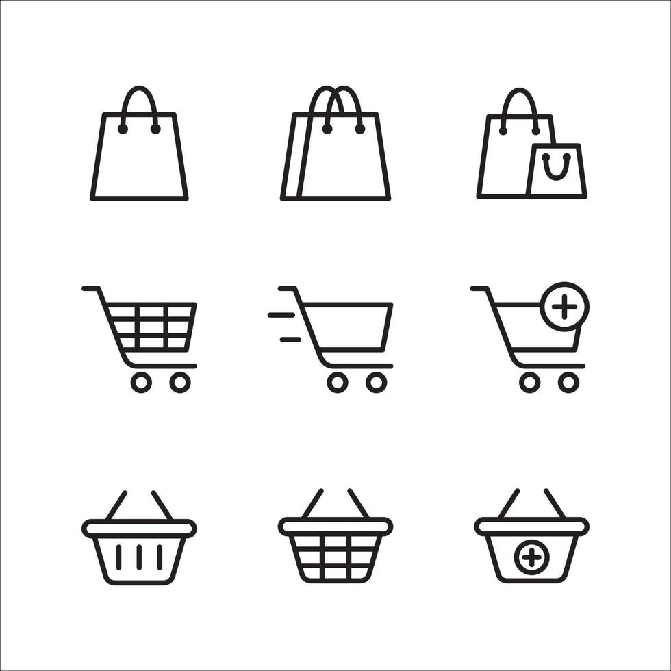 conjunto de ícones de linha de vetor de compras. contém ícones como sacola de compras, carrinho de compras e cesta. adequado para design de site, modelo e interface do usuário. traço editável.