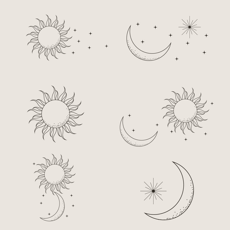 clipart de arte de linha sol e lua. contorno do logotipo do sol, tatuagem de lua. vetor