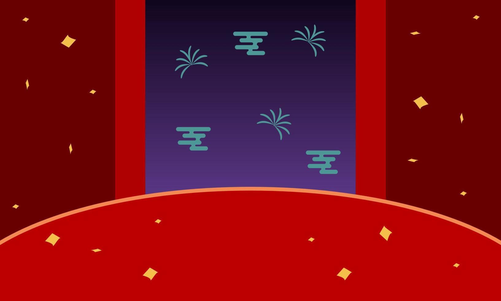 fundo vermelho com glitter de fita e fogos de artifício e nuvem vetor