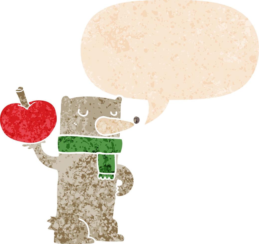 urso de desenho animado com maçã e bolha de fala em estilo retrô-texturizado vetor