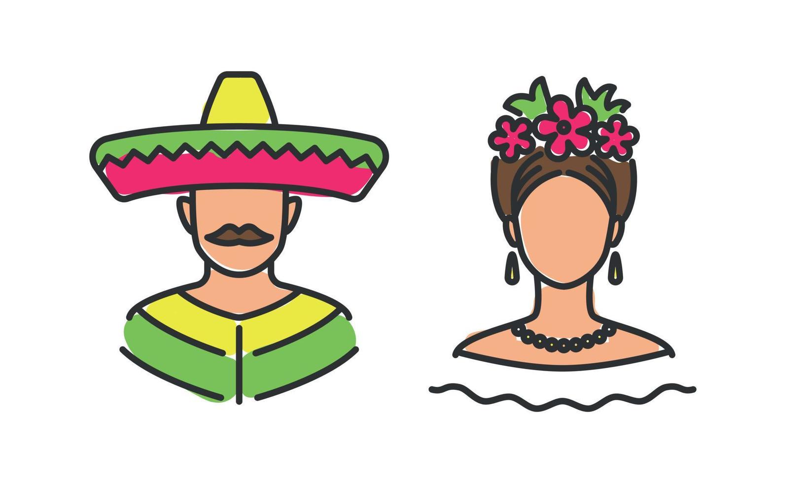 rostos de homem e mulher mexicanos. povo latino. ícones de linha de família jovem casal. ilustração vetorial vetor