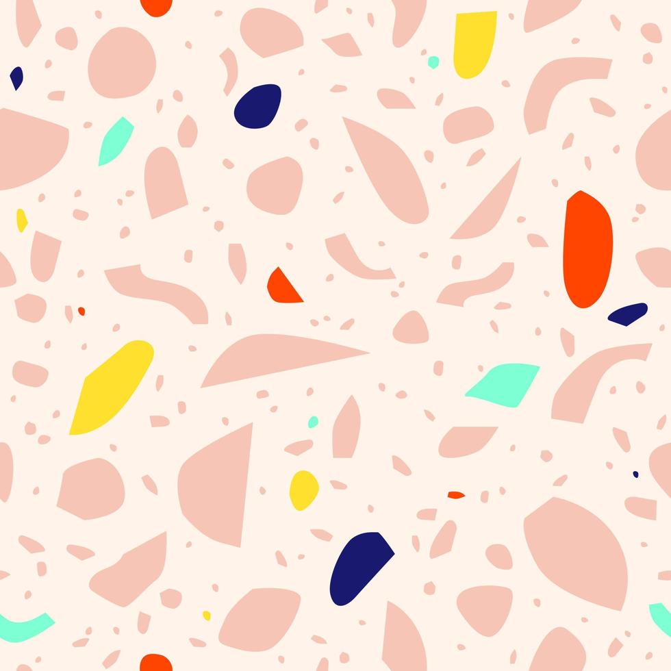 padrão de terrazzo sem costura em rosa, azul, amarelo, vermelho e azul. textura de pedra elegante contemporânea em estilo escandinavo. fundo moderno desenhado à mão para impressão, design, tecido. ilustração vetorial vetor