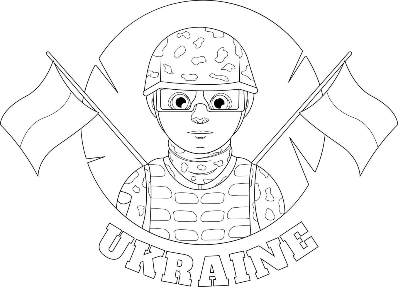 página para colorir. cara militar com a bandeira ucraniana e a inscrição ucrânia vetor