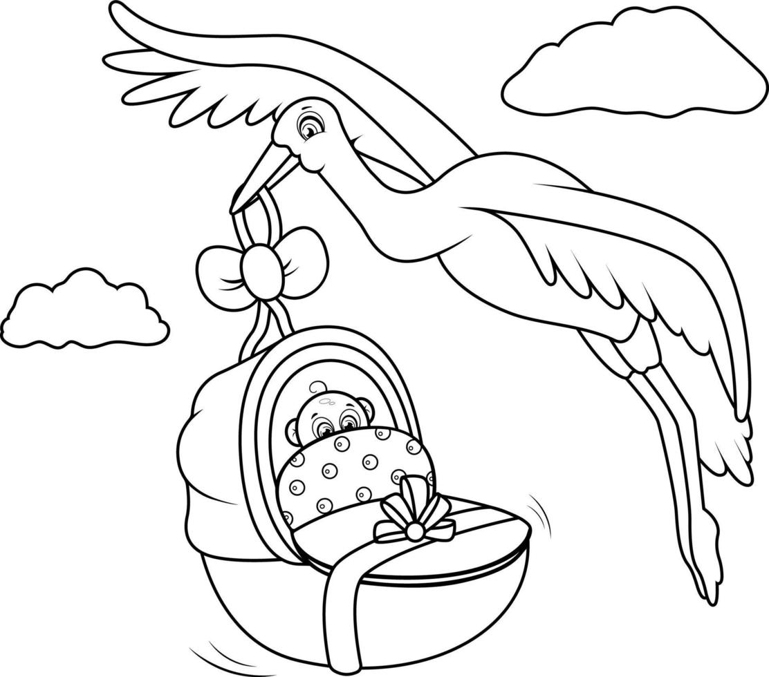 página para colorir. amável cegonha carrega um lindo menino recém-nascido vetor