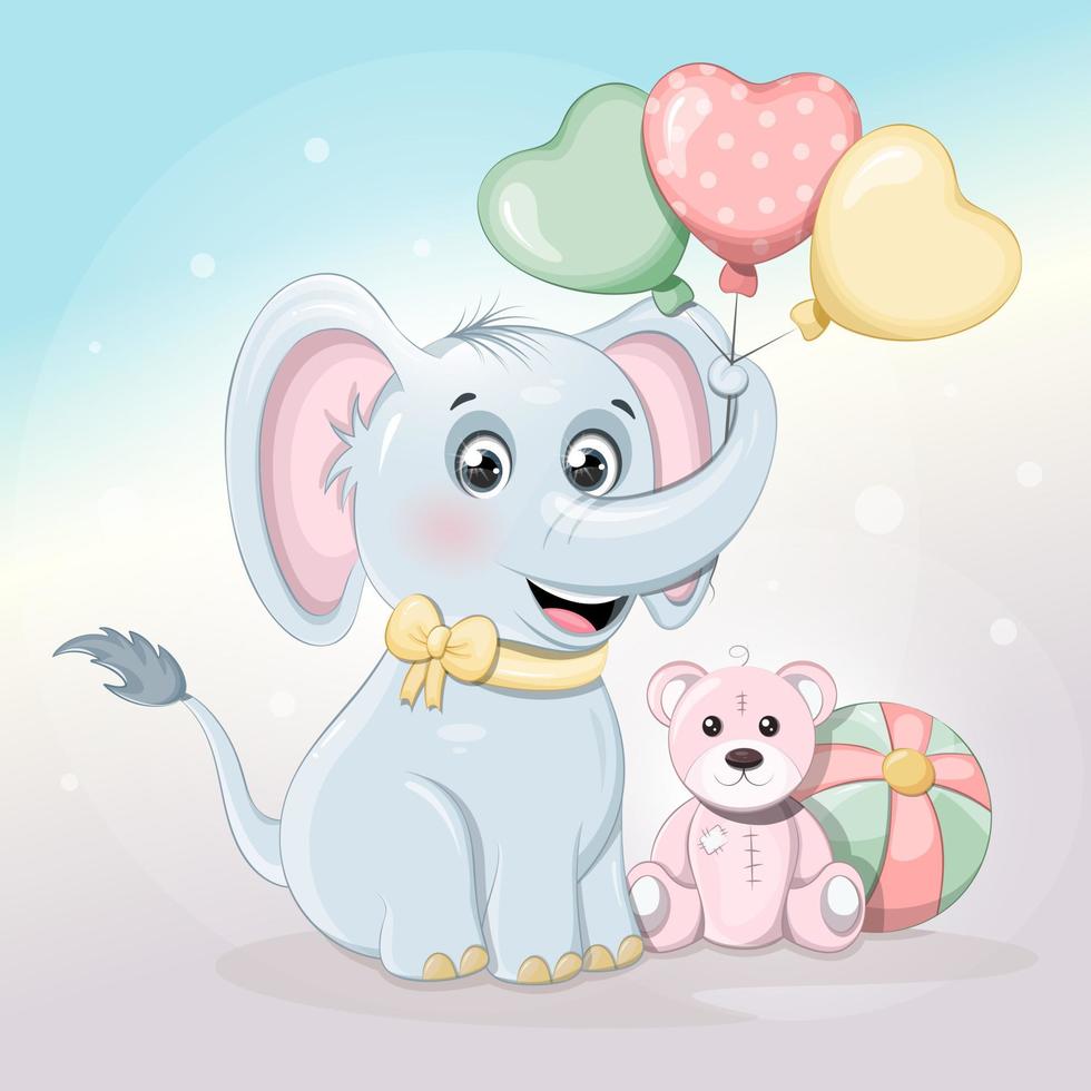elefante fofo com ursinho de pelúcia, bola e balões vetor