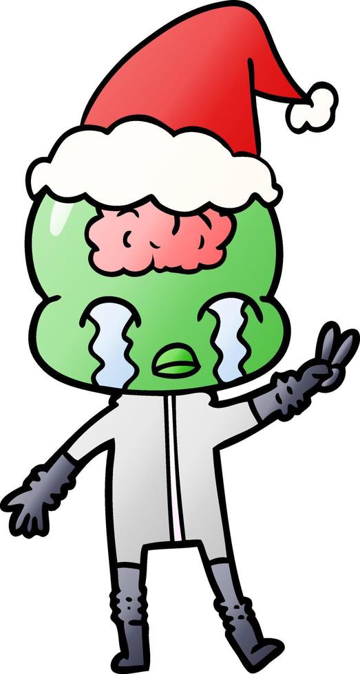 desenho de gradiente de um alienígena de cérebro grande chorando e dando sinal de paz usando chapéu de papai noel vetor