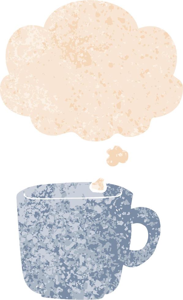 xícara de café de desenho animado e balão de pensamento em estilo retrô texturizado vetor