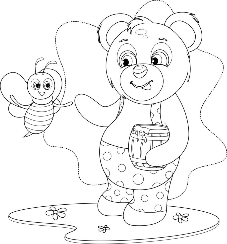 página para colorir. fofo ursinho de pelúcia com mel e uma abelha alegre vetor