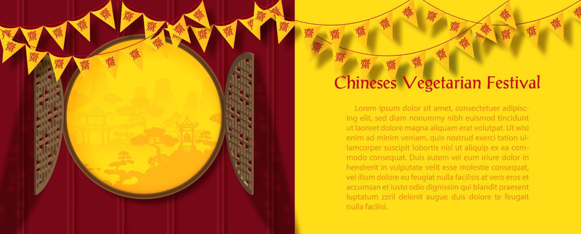 bandeira do triângulo do festival vegetariano chinês em portas de janela antigas 3d com textos de exemplo de vista de paisagem e fundo amarelo. letras chinesas significa jejuar para adorar buda em inglês. vetor