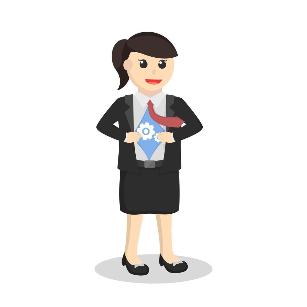 secretária de mulher de negócios mostrando o personagem de design de ícone de engrenagem em fundo branco vetor