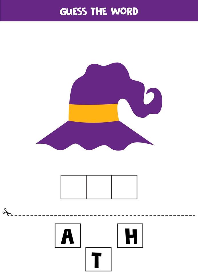 jogo de ortografia para crianças pré-escolares. chapéu de halloween dos desenhos animados. vetor