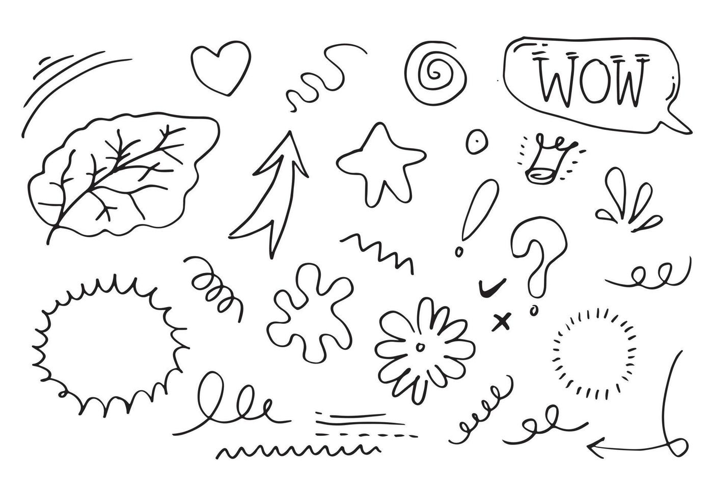 elementos do conjunto de mão desenhada, preto sobre fundo branco. setas, coroa, corações, amor, exclamação, folhas, flores, redemoinho, estrela e texto uau, para design de conceito. vetor