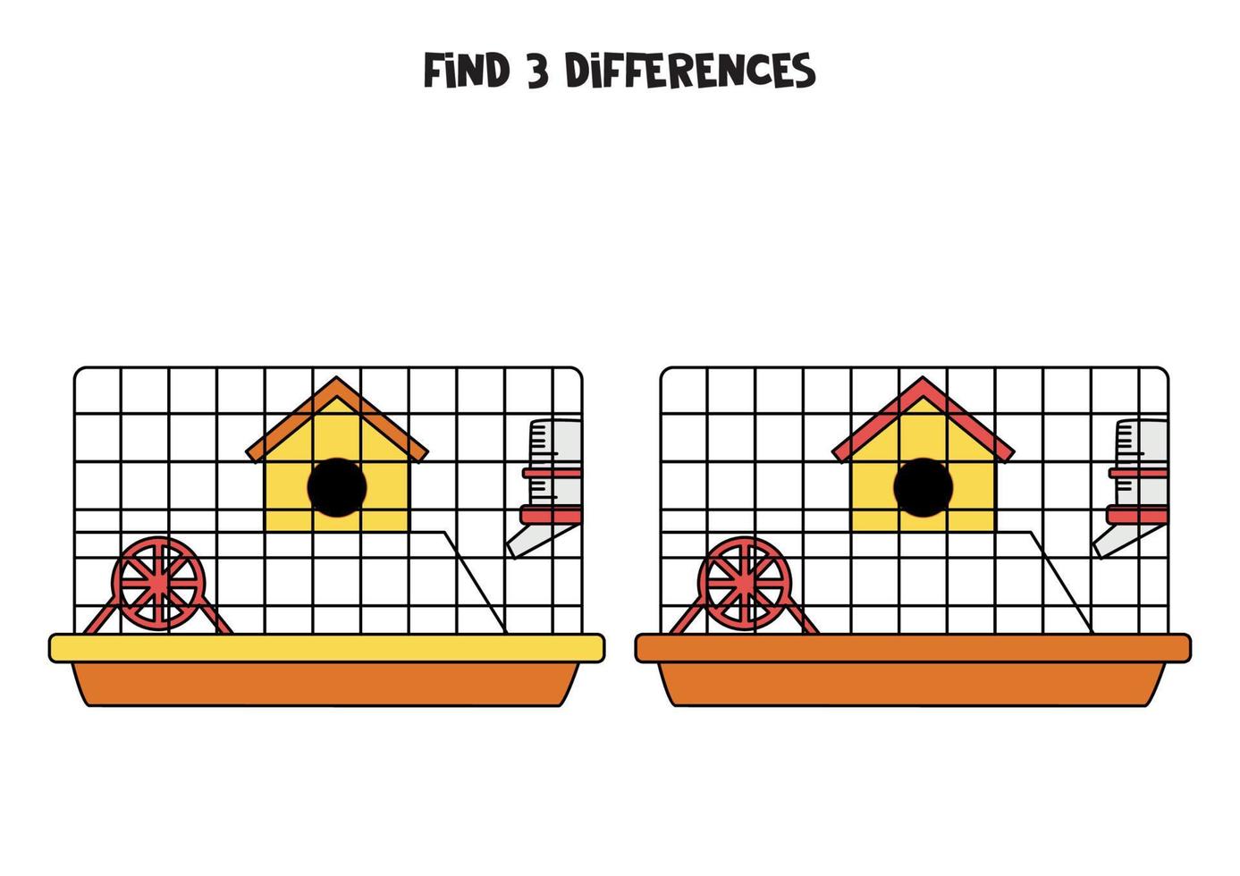 encontre 3 diferenças entre duas gaiolas de hamster de desenho animado. vetor