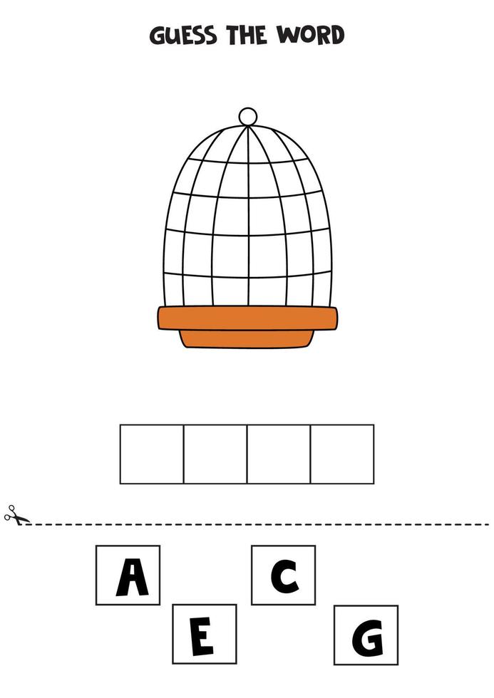 jogo de ortografia para crianças. gaiola de pássaro dos desenhos animados. vetor