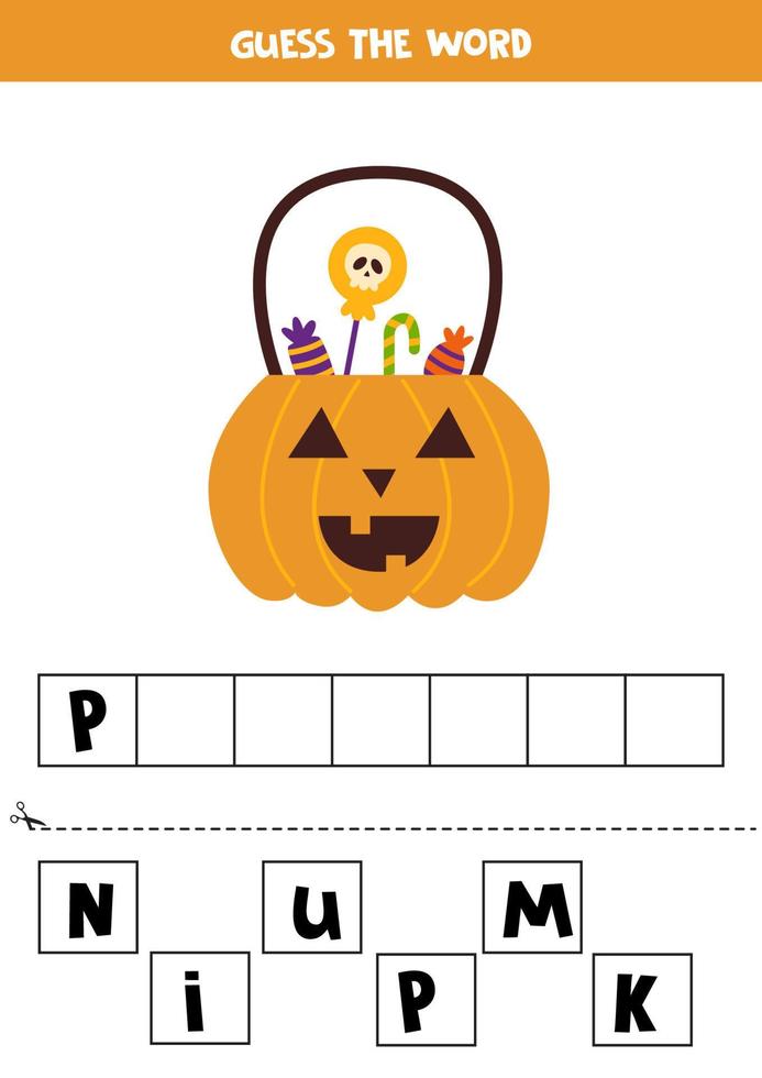 jogo de ortografia para crianças pré-escolares. abóbora de halloween dos desenhos animados. vetor