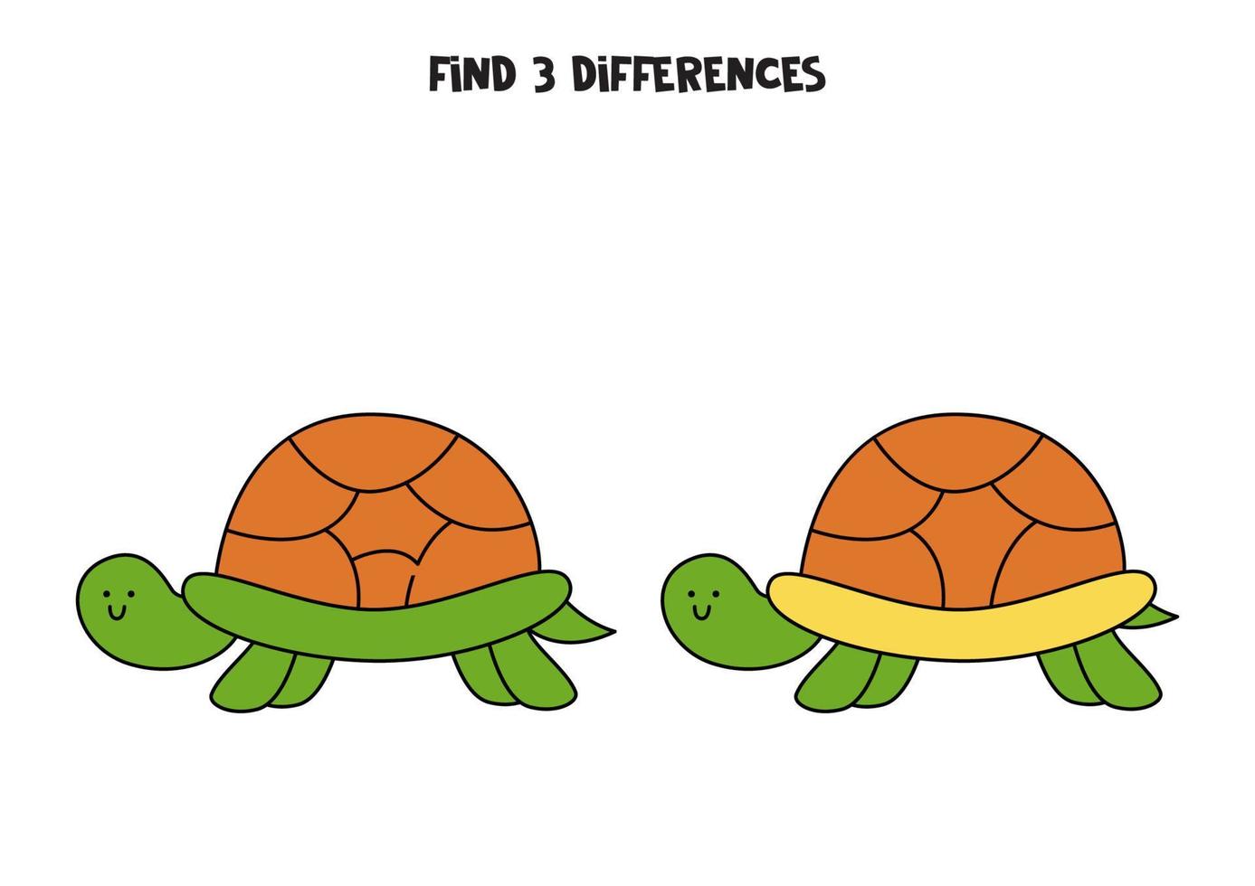 encontre 3 diferenças entre duas tartarugas fofas. vetor
