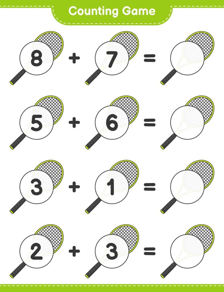 conte e combine, conte o número de raquetes de tênis e combine com os números certos. jogo educativo para crianças, planilha para impressão, ilustração vetorial vetor